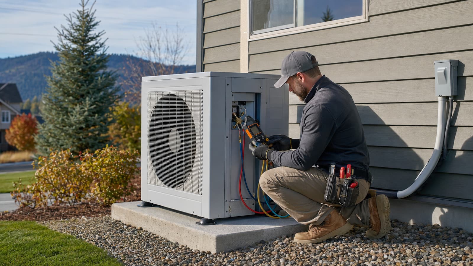 Technician commissioning a cold-climate heat pump at a Spokane home