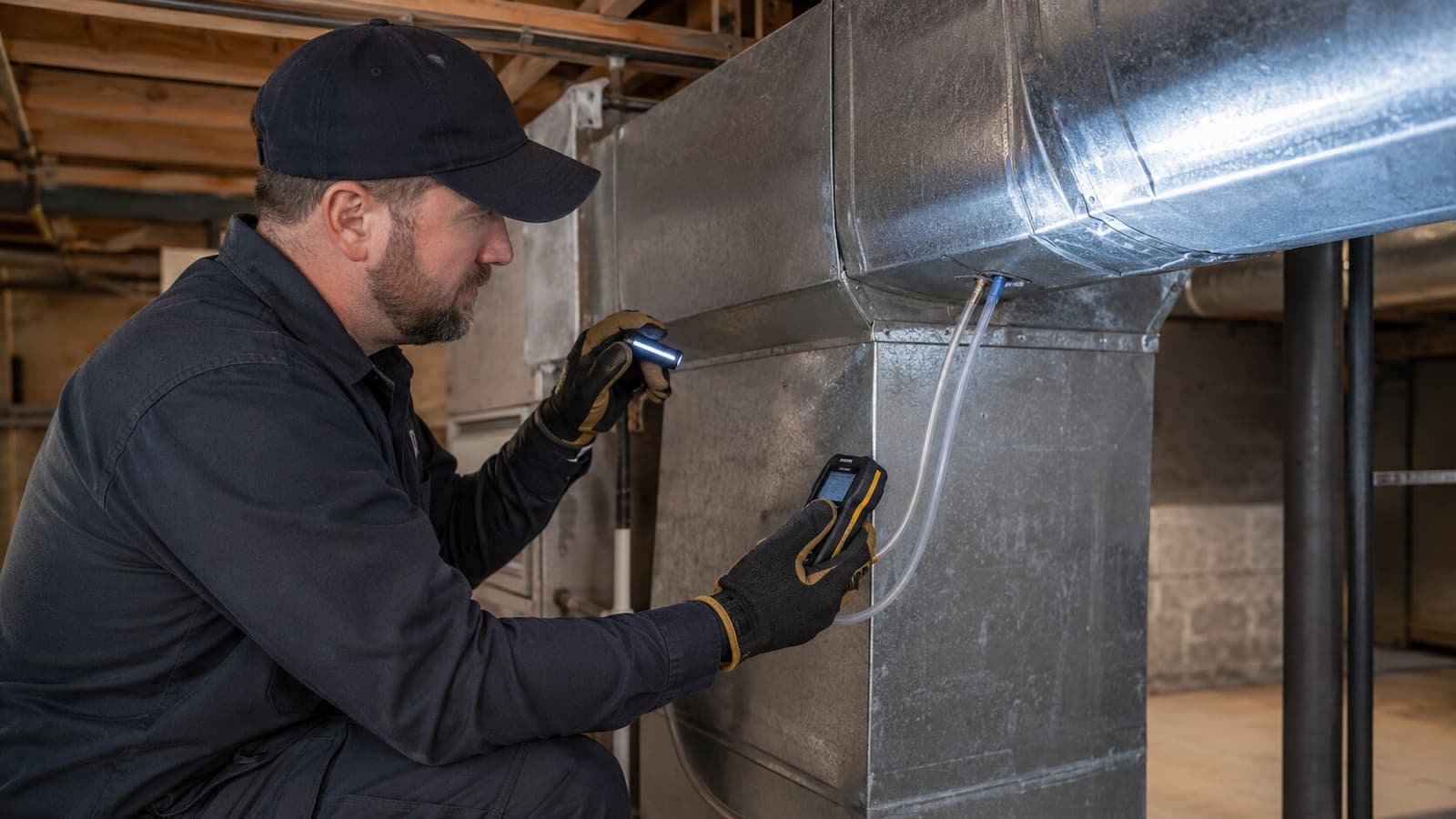 HVAC technician inspecting ductwork before replacing a system in Spokane