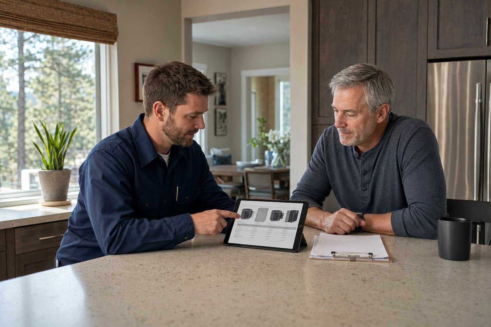 Spokane homeowner comparing HVAC replacement options with a technician