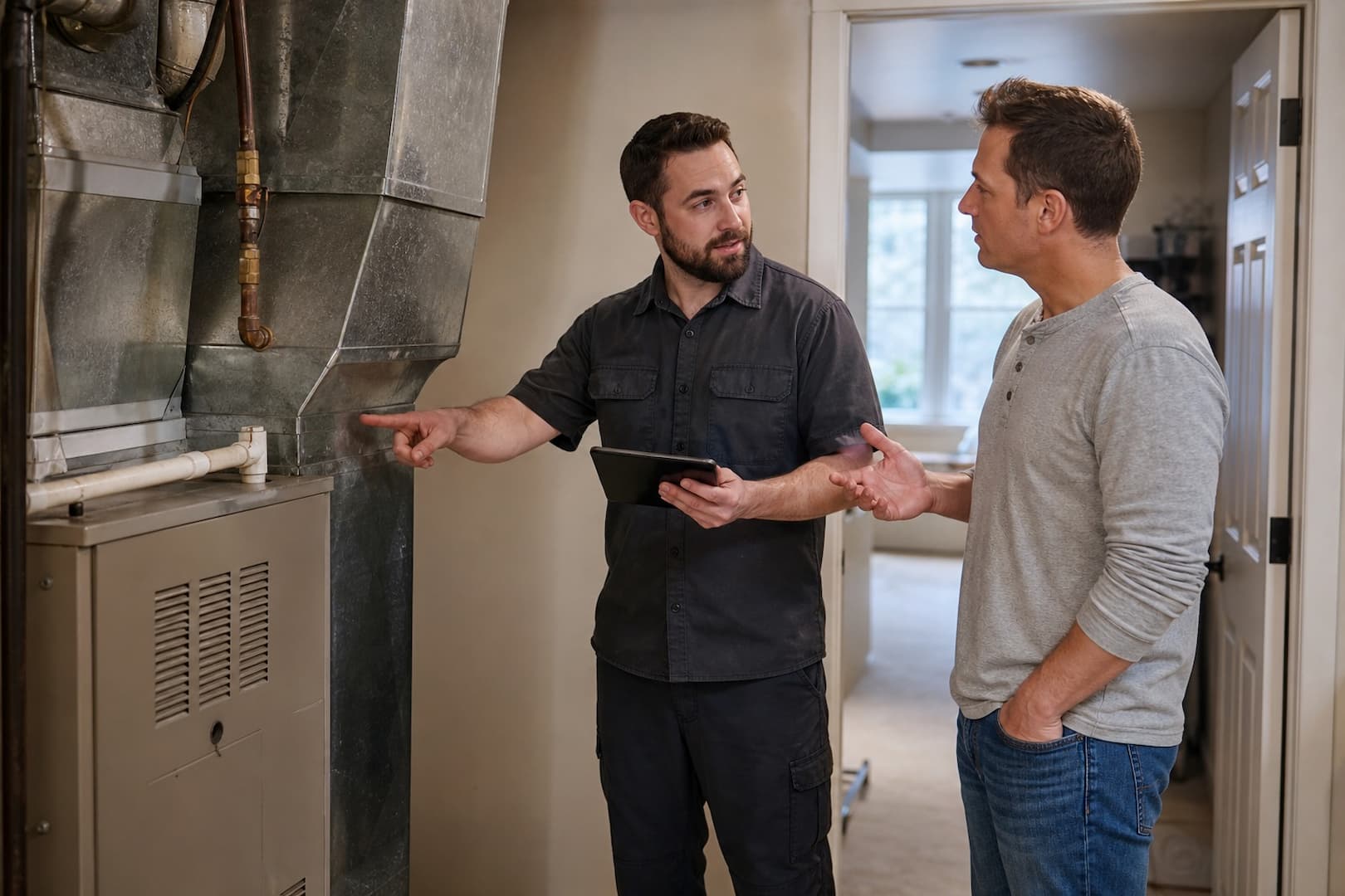 HVAC technician reviewing AC installation requirements with a Spokane homeowner