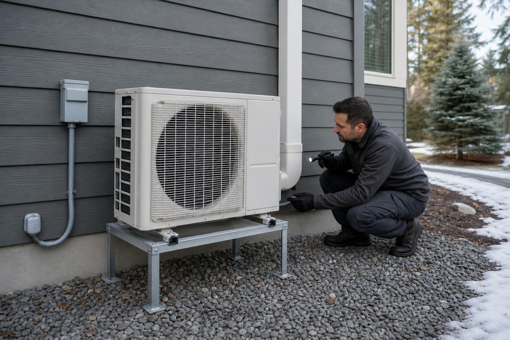 Raised ductless heat-pump outdoor unit with winter clearance at a Spokane home