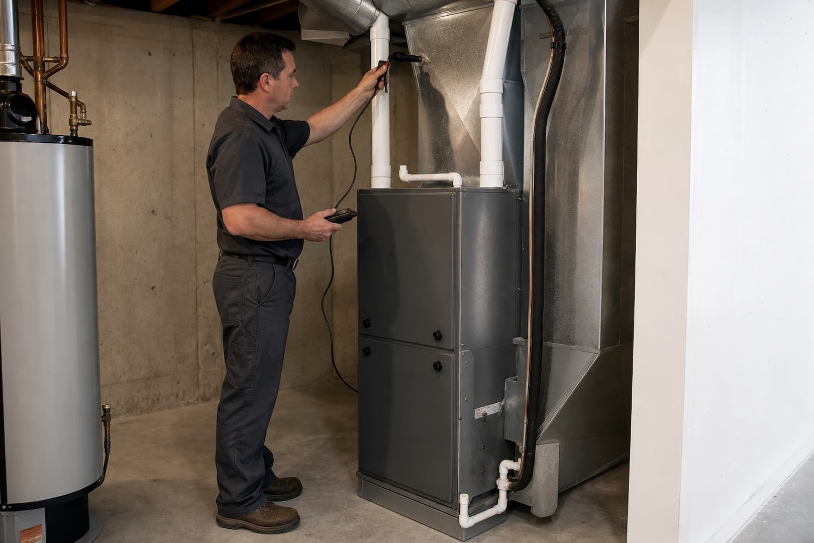 Technician performing startup testing on a newly installed furnace