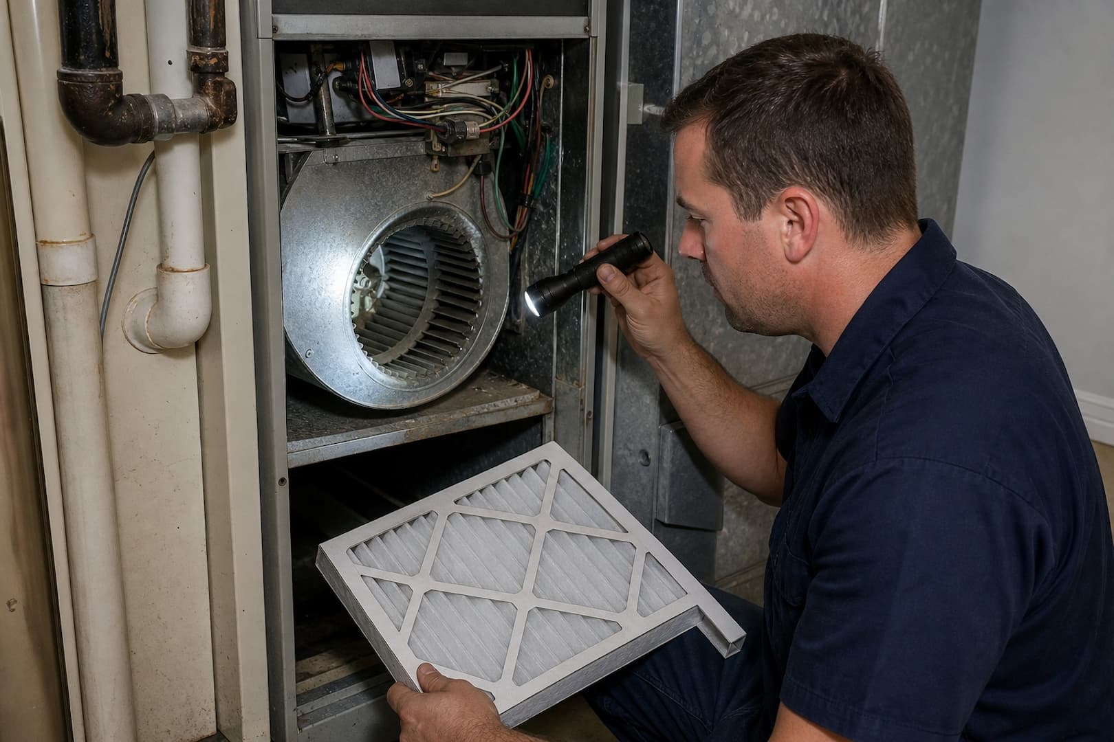 Technician inspecting a furnace blower compartment with the air filter removed