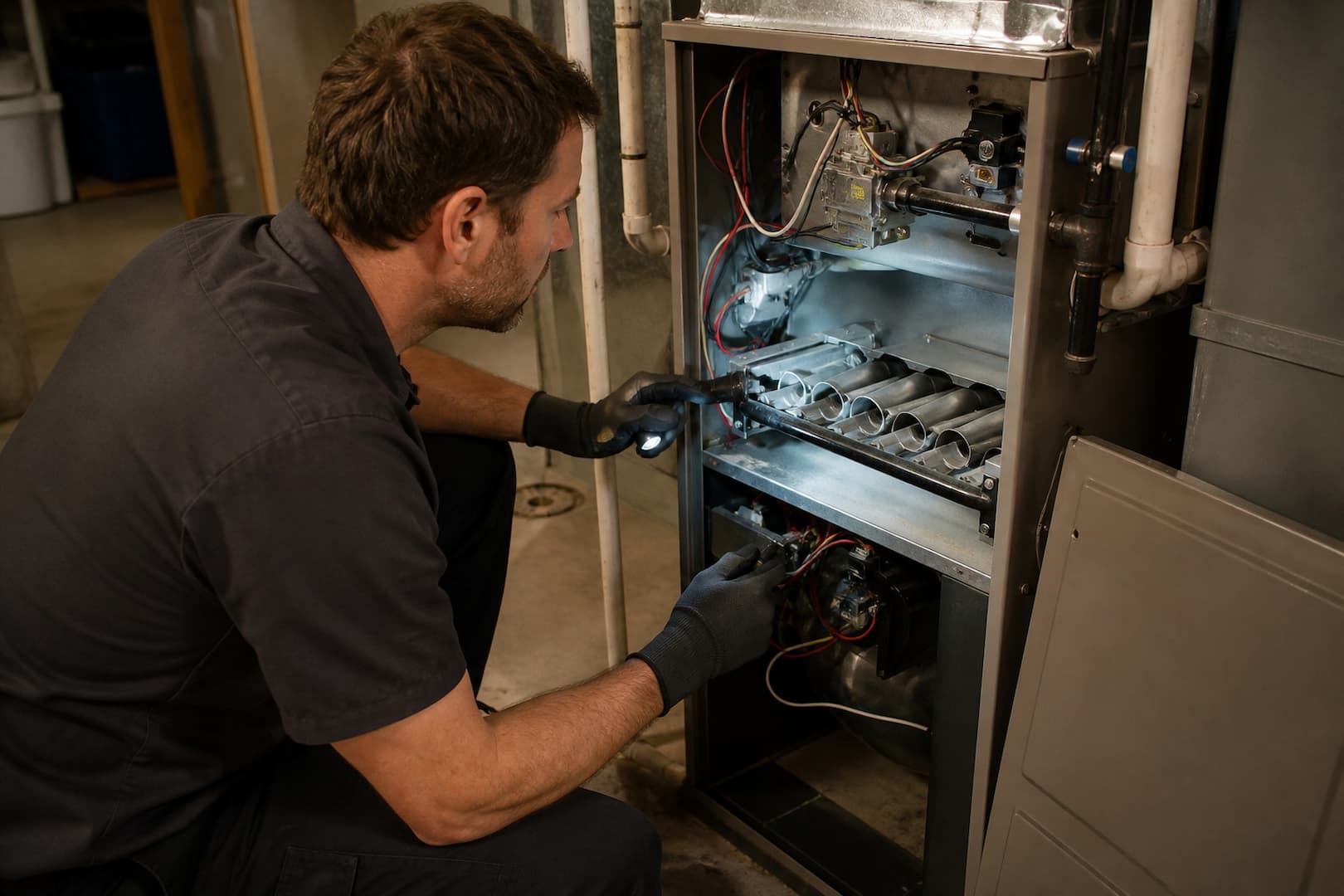 Technician inspecting the ignition and burner area of a residential furnace