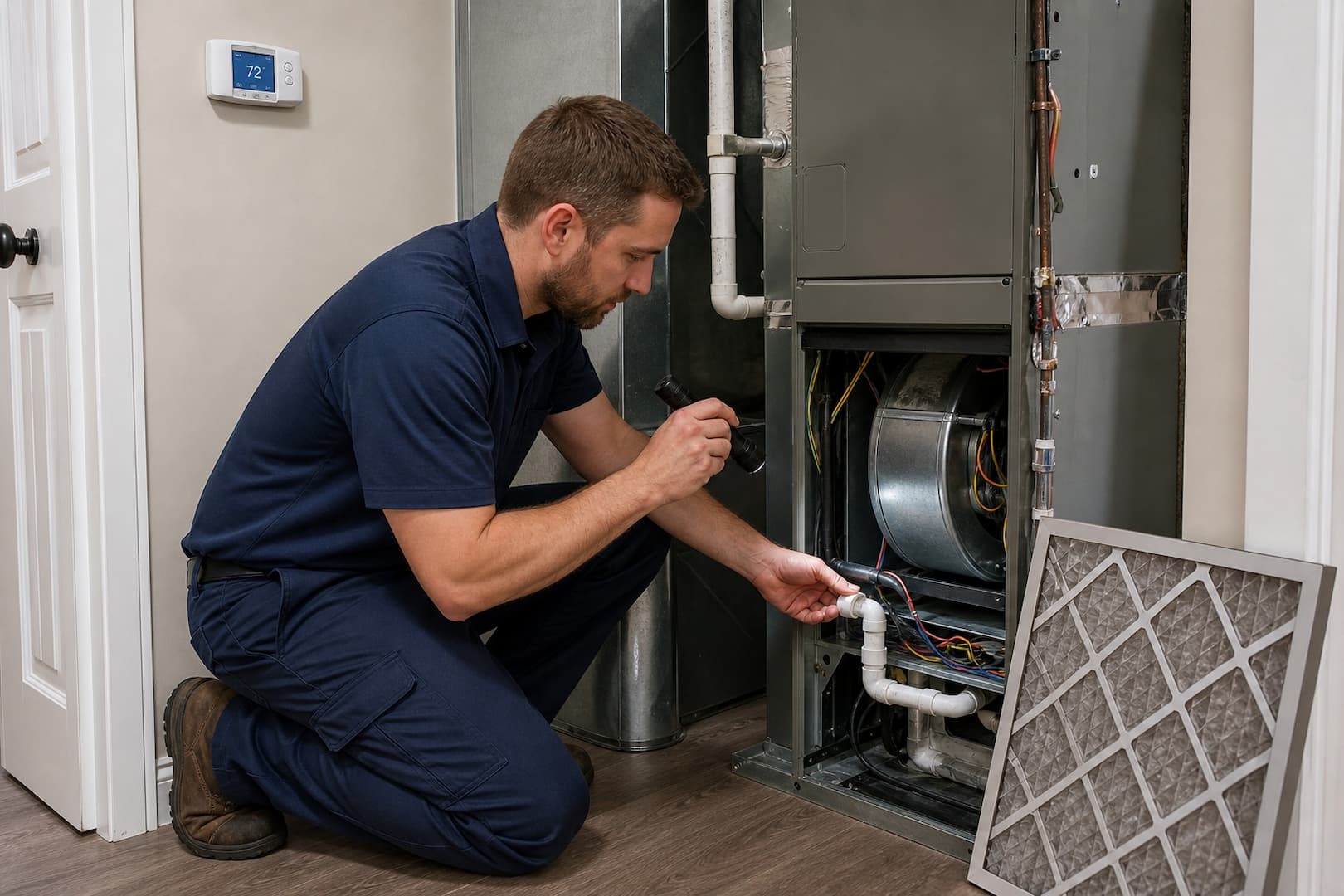 Technician checking a heat pump air handler blower, filter and condensate drain