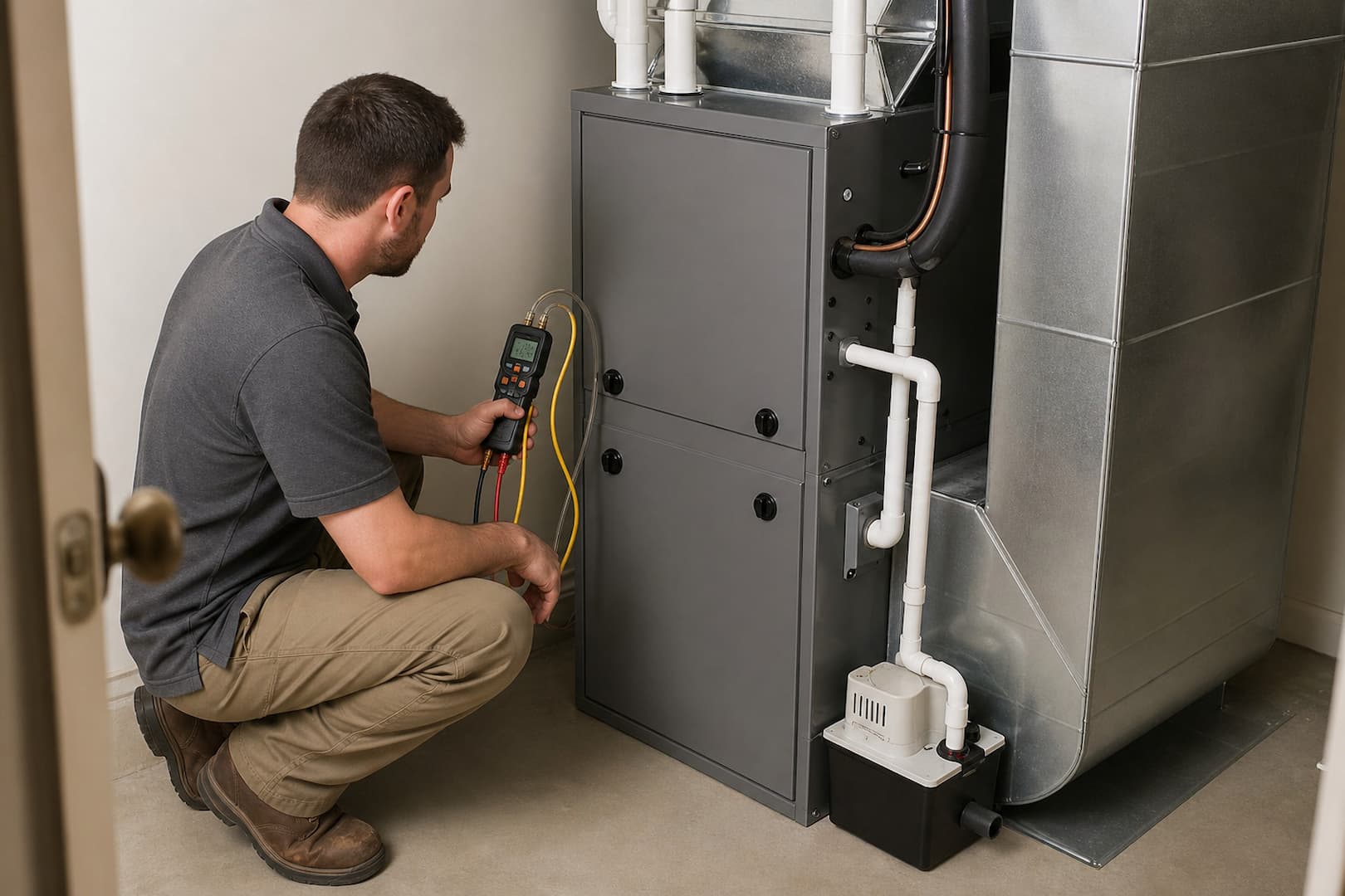 Technician performing startup tests on a newly installed residential HVAC system