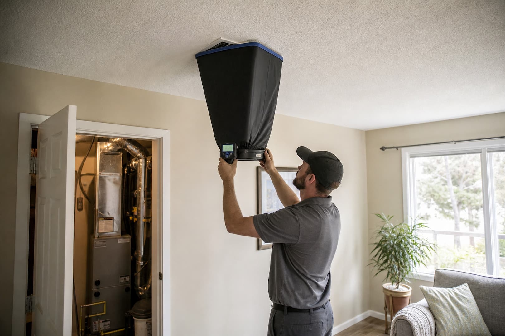 Technician measuring residential HVAC airflow during seasonal maintenance