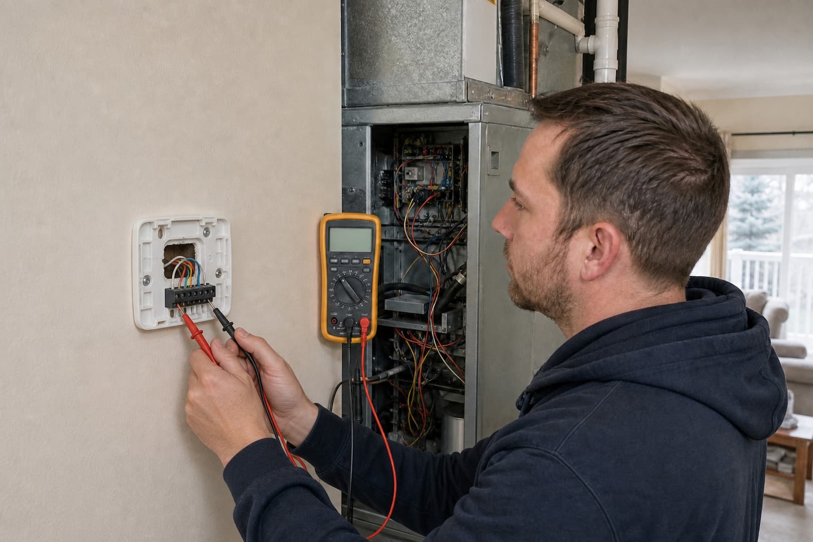 HVAC technician testing residential system controls during a repair visit