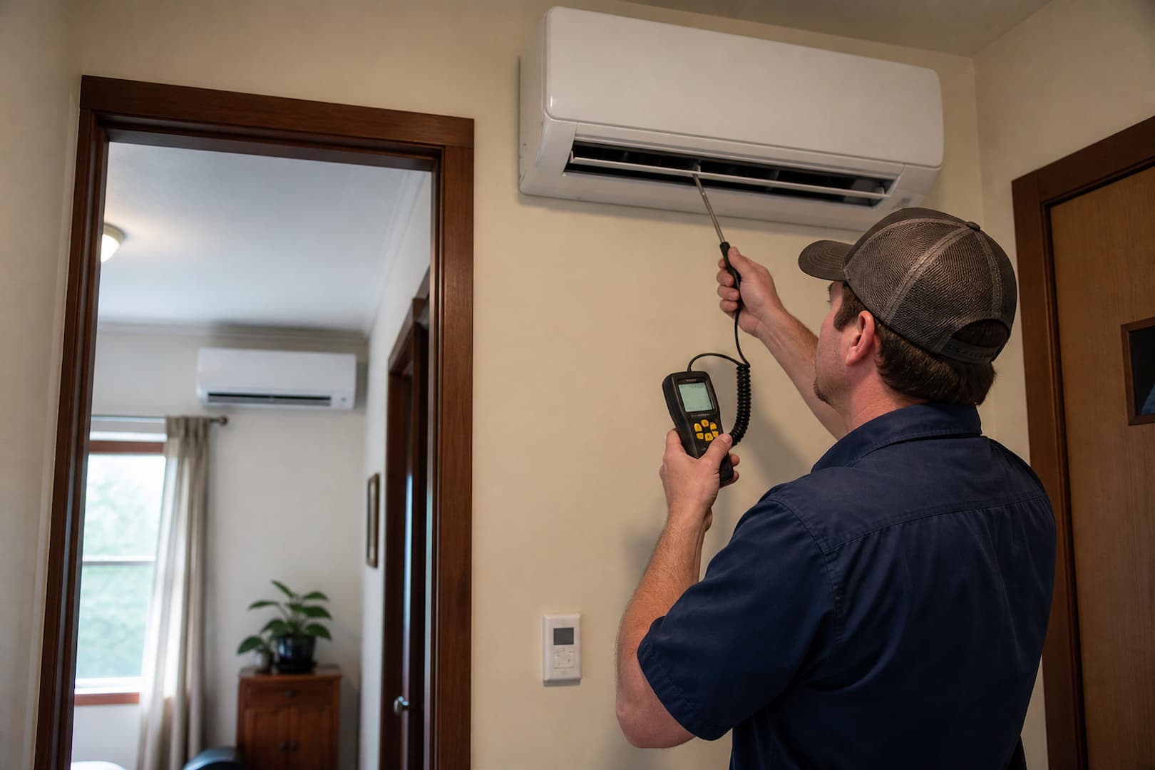 Technician checking multiple ductless mini-split zones during residential maintenance