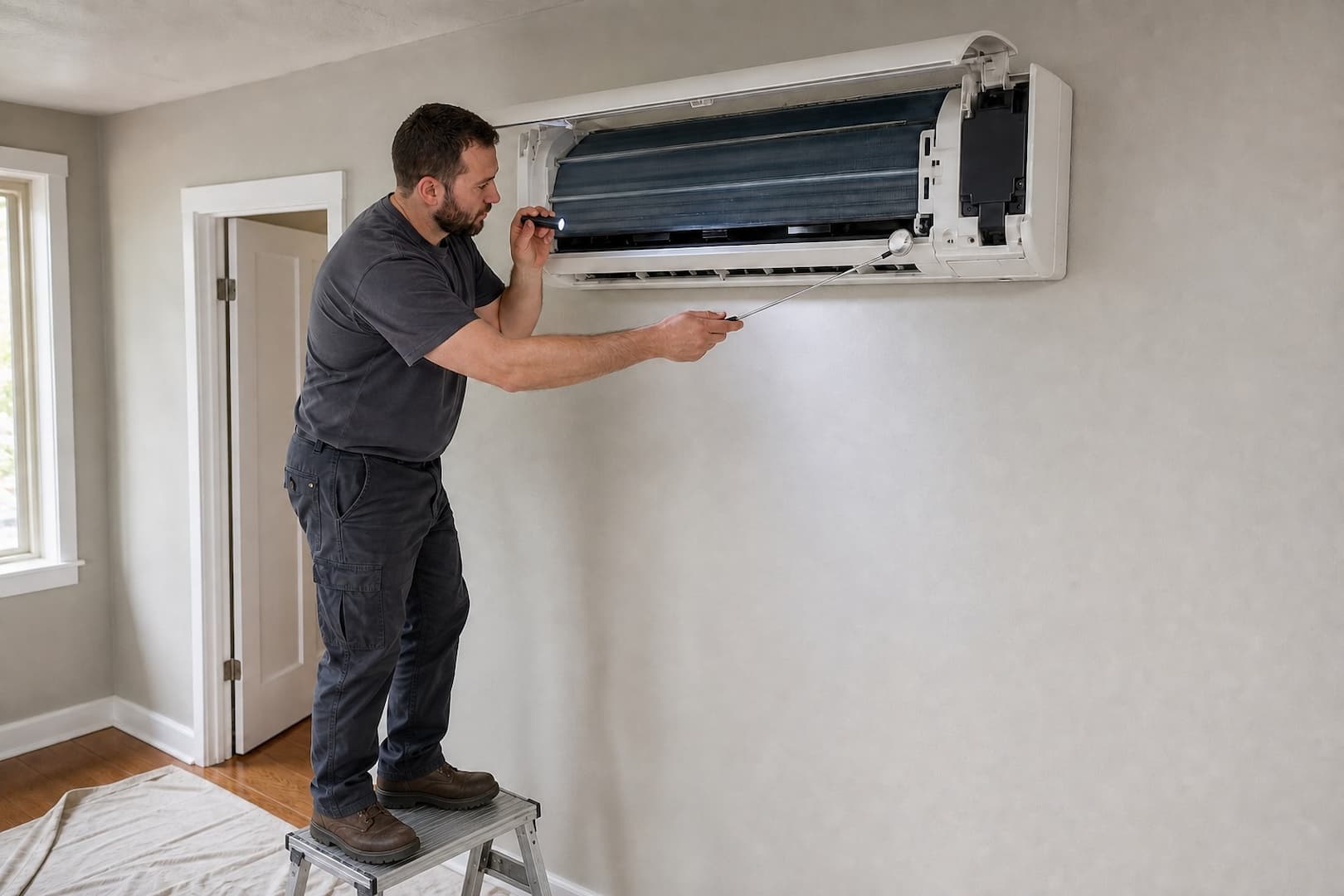 Technician inspecting the condensate pan of an open wall-mounted mini-split in a Spokane home