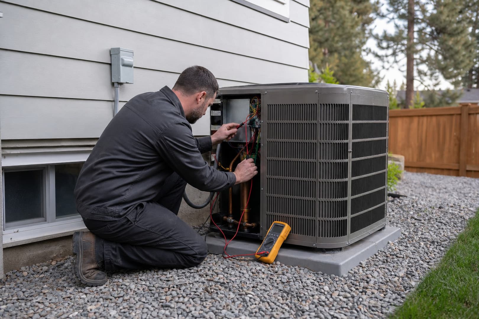 Technician testing a residential heat pump during an HVAC diagnostic visit