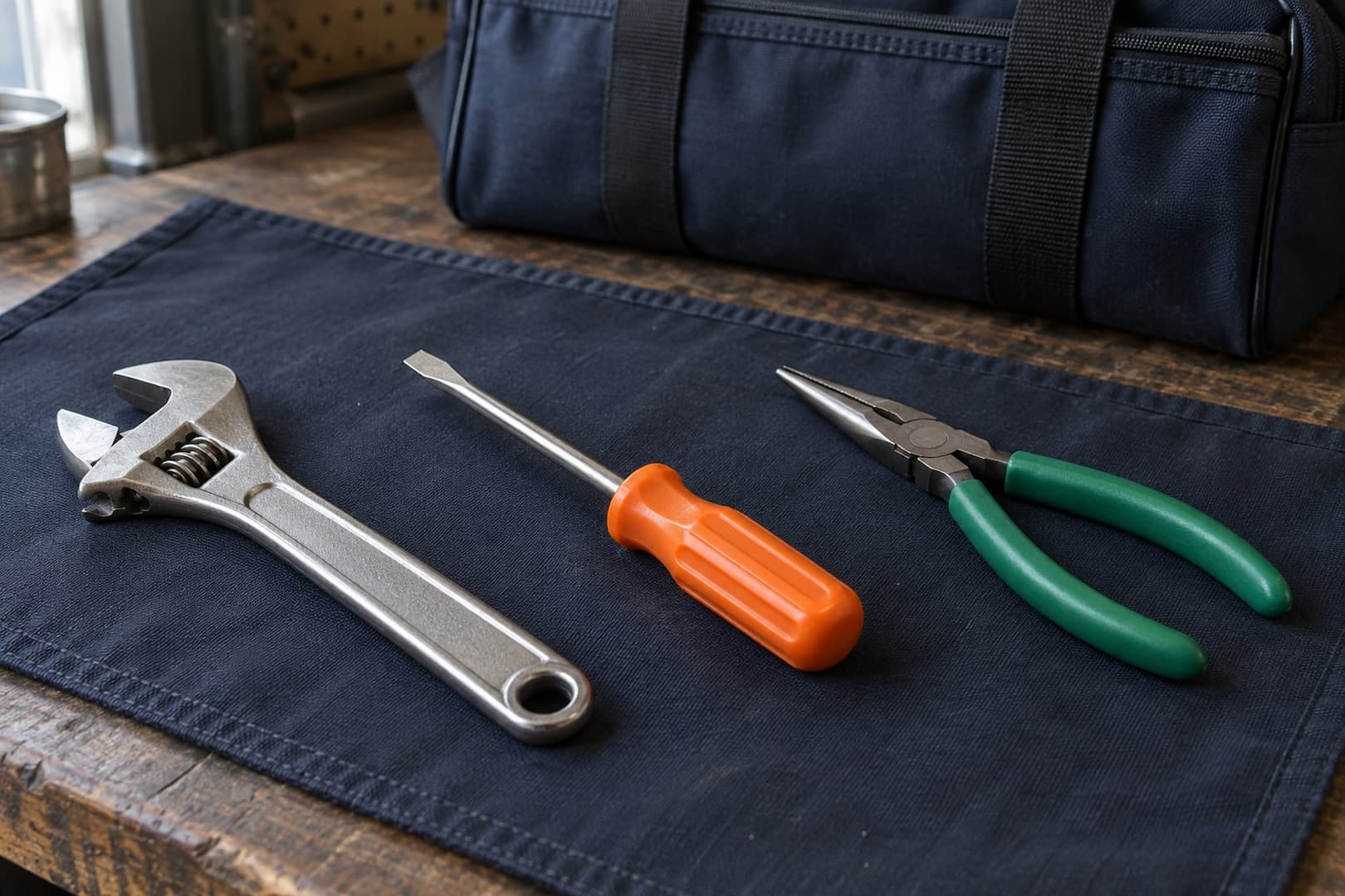 HVAC hand tools arranged neatly on a protective work surface