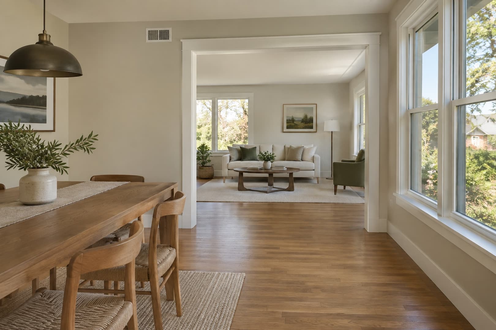 Finished dining and living spaces with a wall air grille
