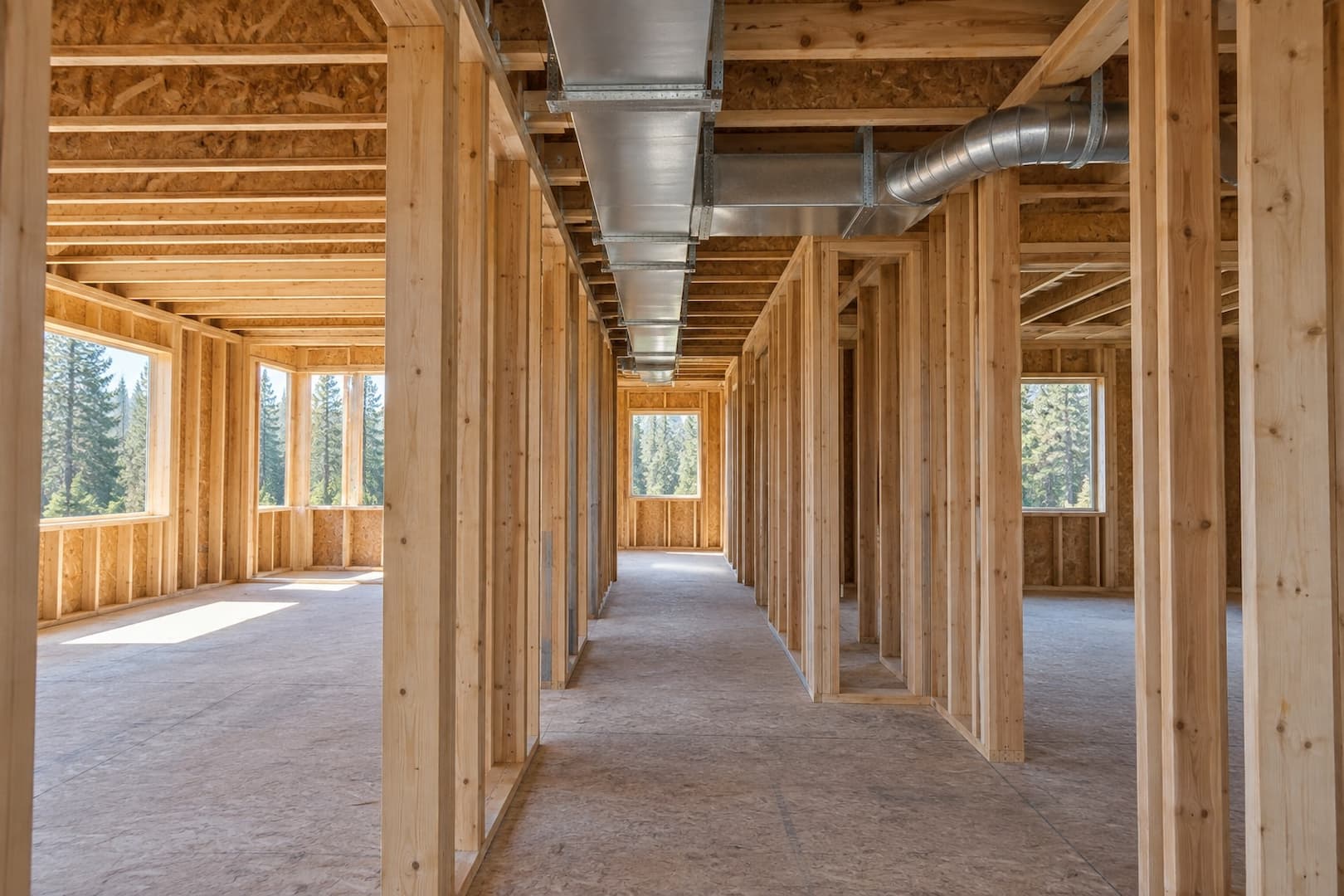 Framed residential interior with space reserved for mechanical systems