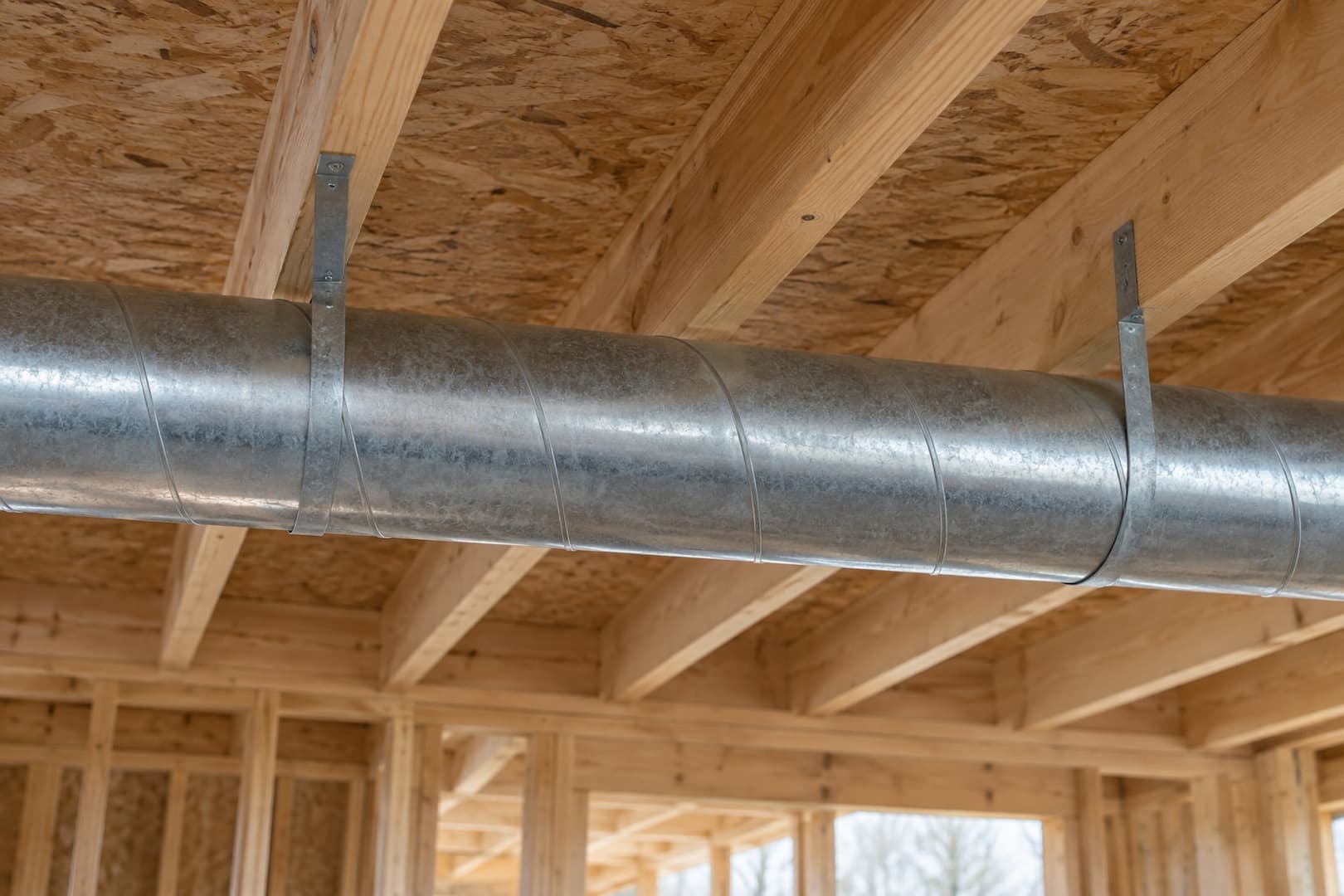 Straight round metal air duct supported below exposed timber ceiling joists