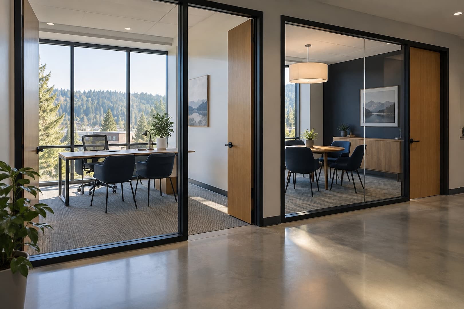 Commercial interior with separate office rooms and a shared corridor