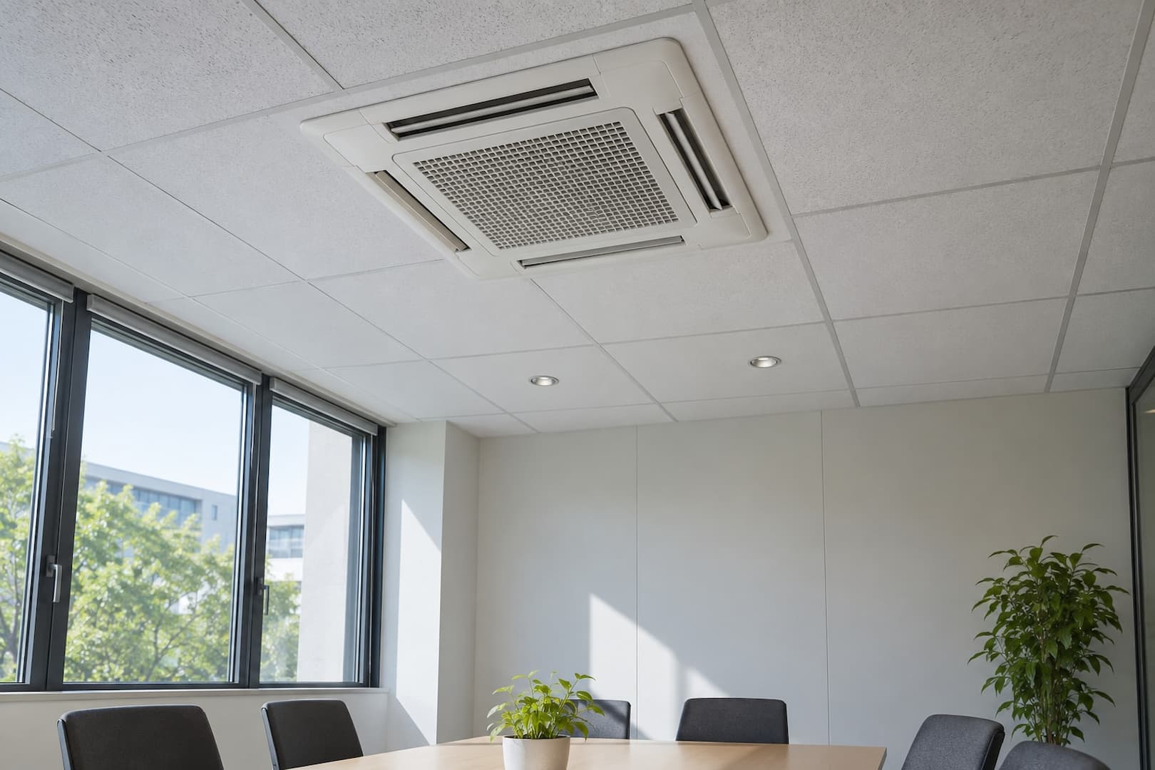 Ceiling cassette air-conditioning unit in a quiet commercial interior