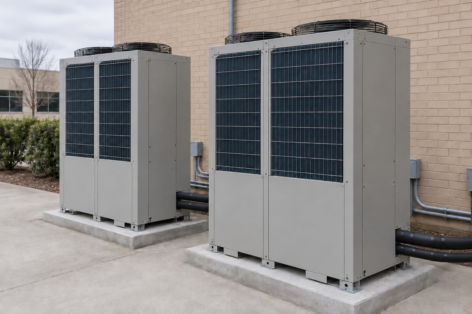 Closed commercial VRF outdoor units arranged with clear service access