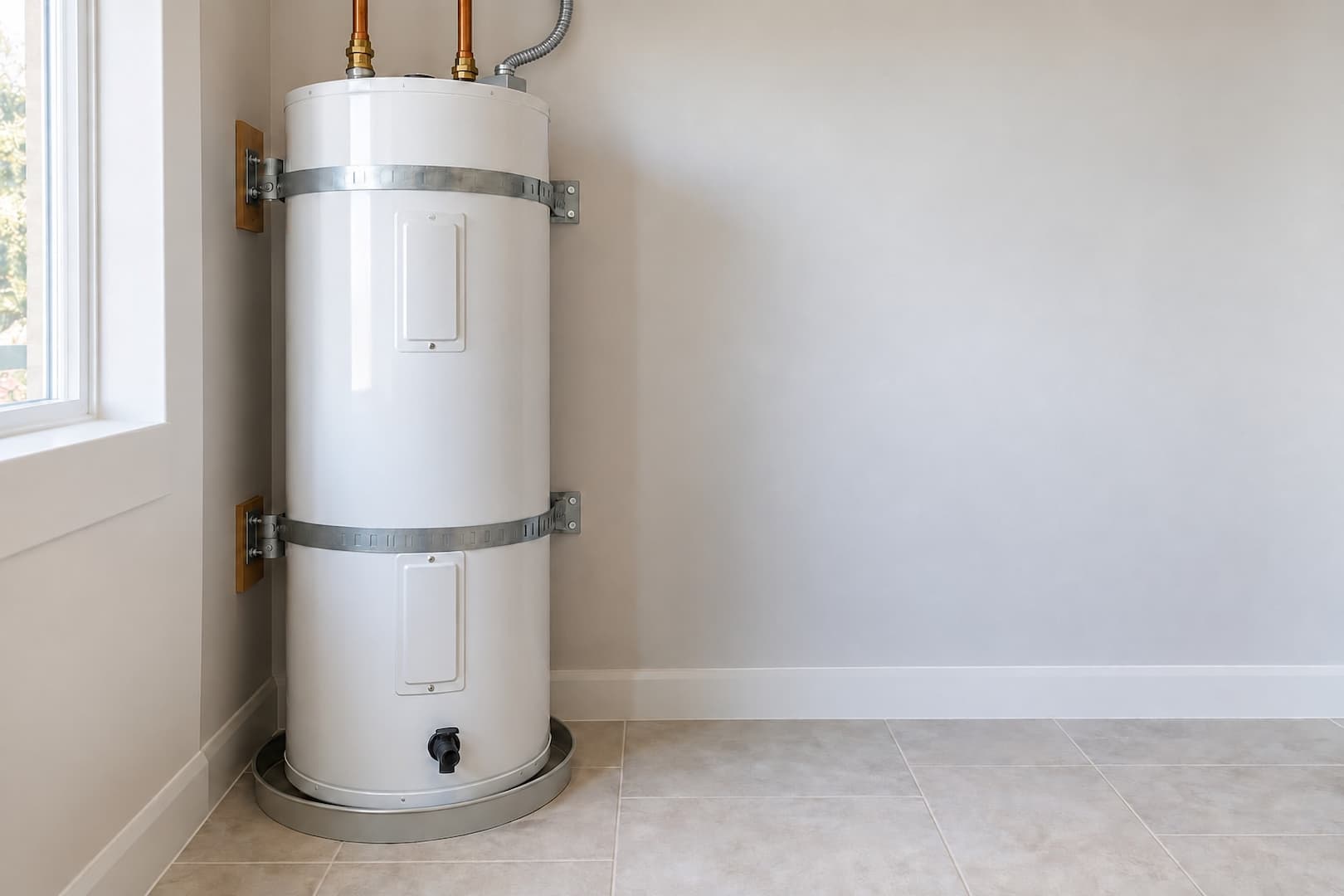 New electric storage water heater in a tidy residential utility space