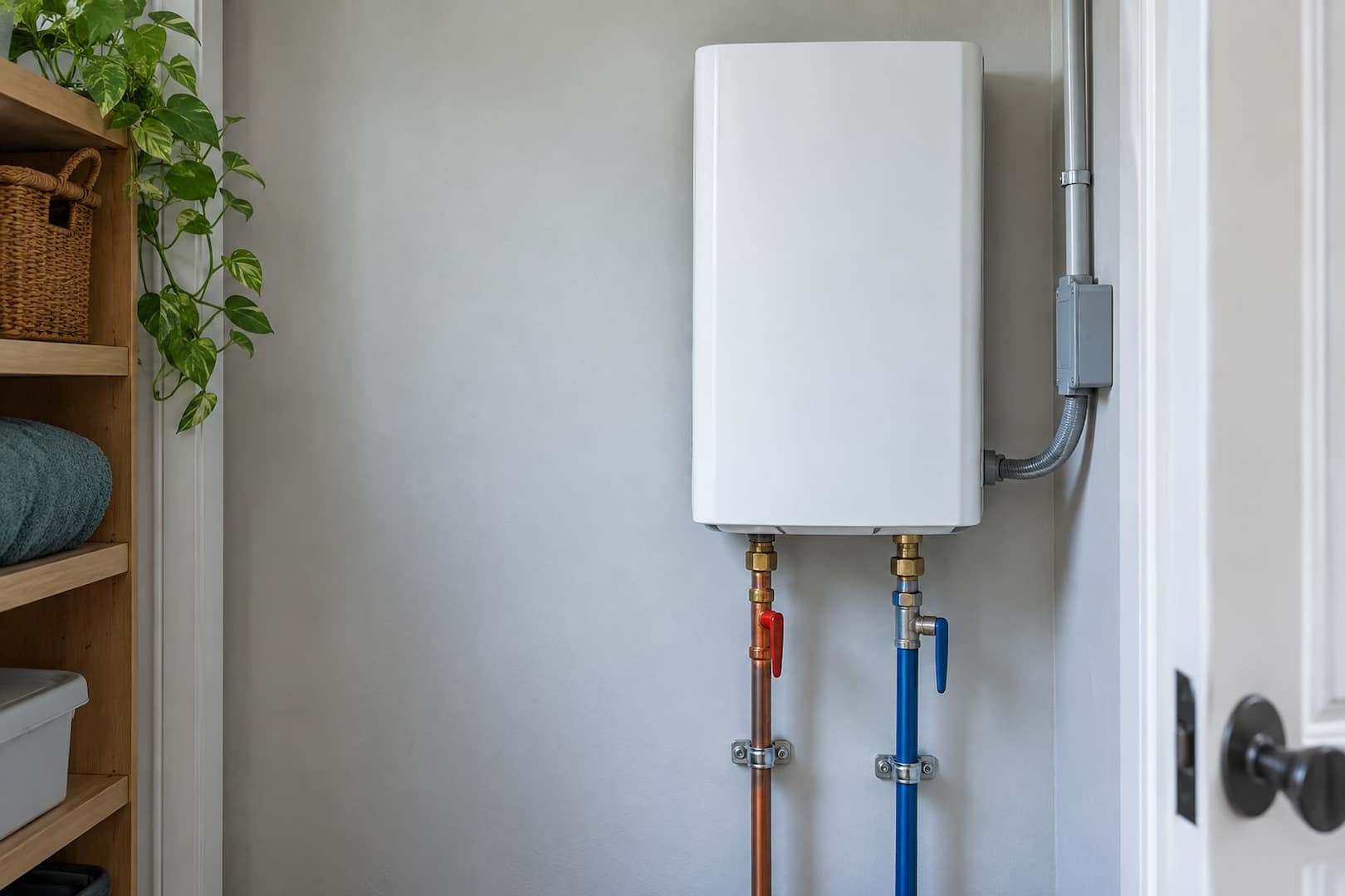 Wall-mounted tankless water heater with organized service connections