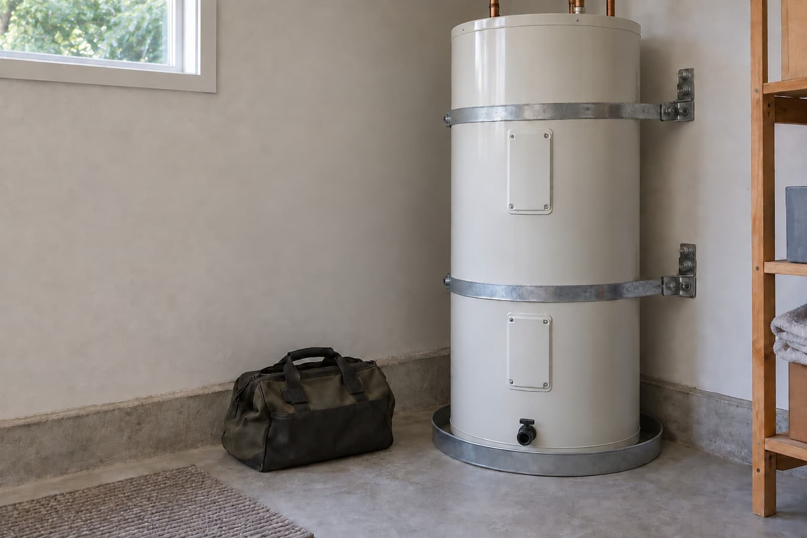 Residential electric storage water heater in an accessible utility area