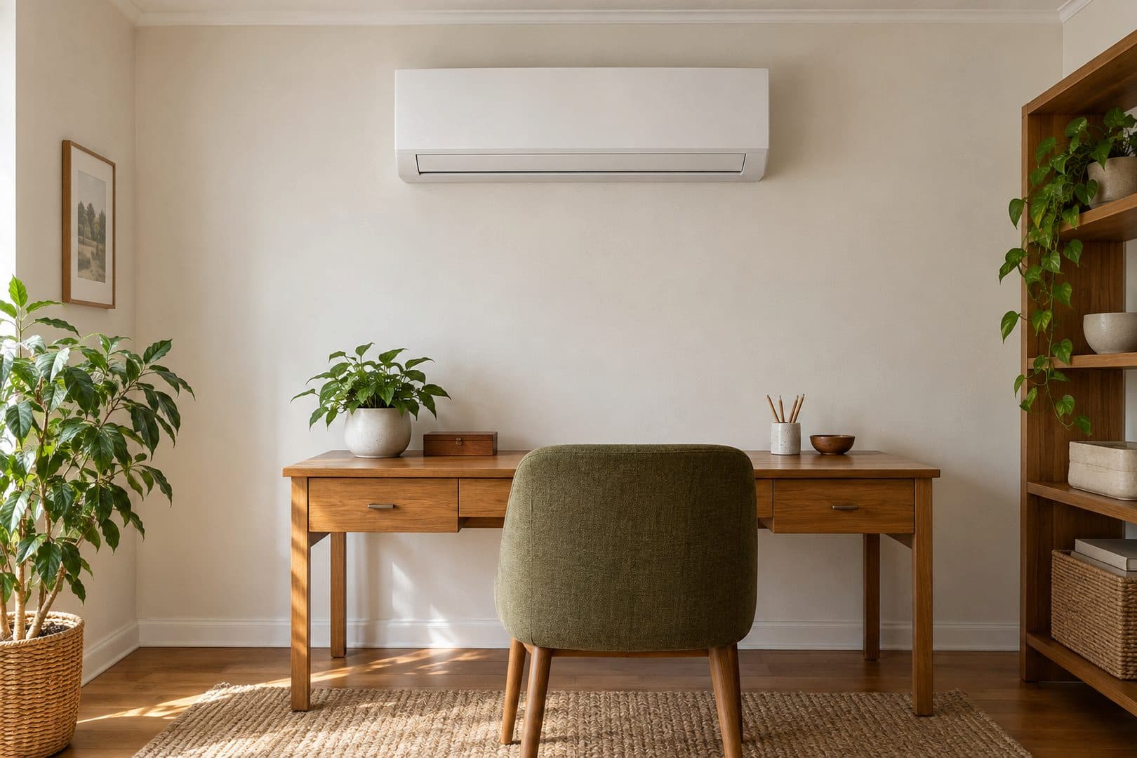 Home study with a white wall-mounted ductless unit above a wooden desk and green chair