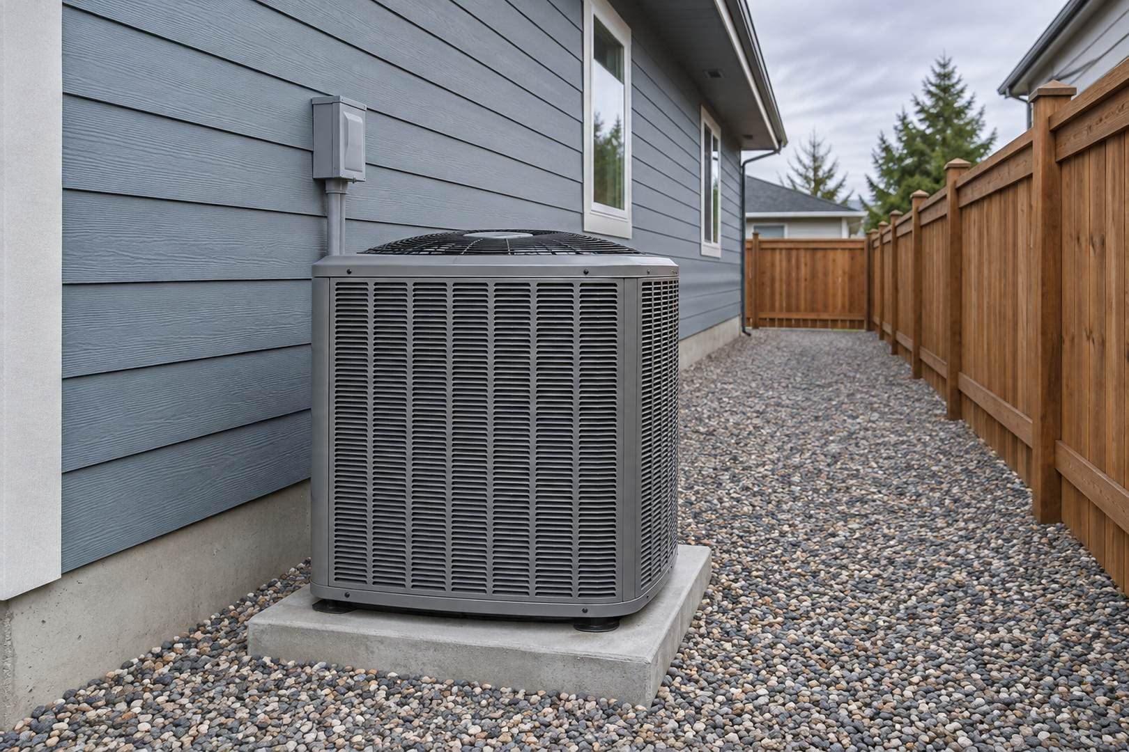 Outdoor condenser on a concrete pad beside a gray house and a fenced gravel access path
