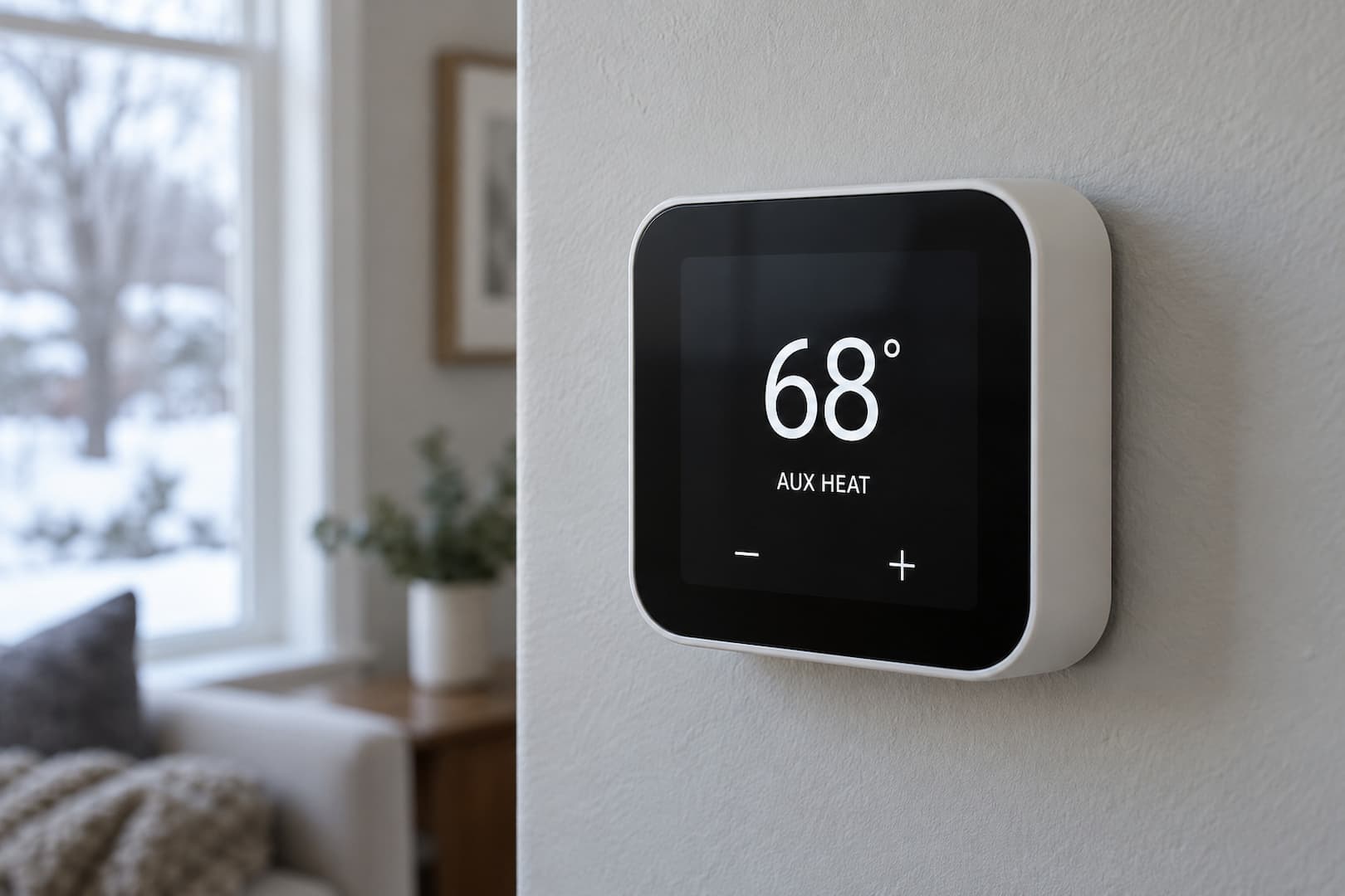 Wall thermostat displaying 68 degrees and AUX HEAT in a home
