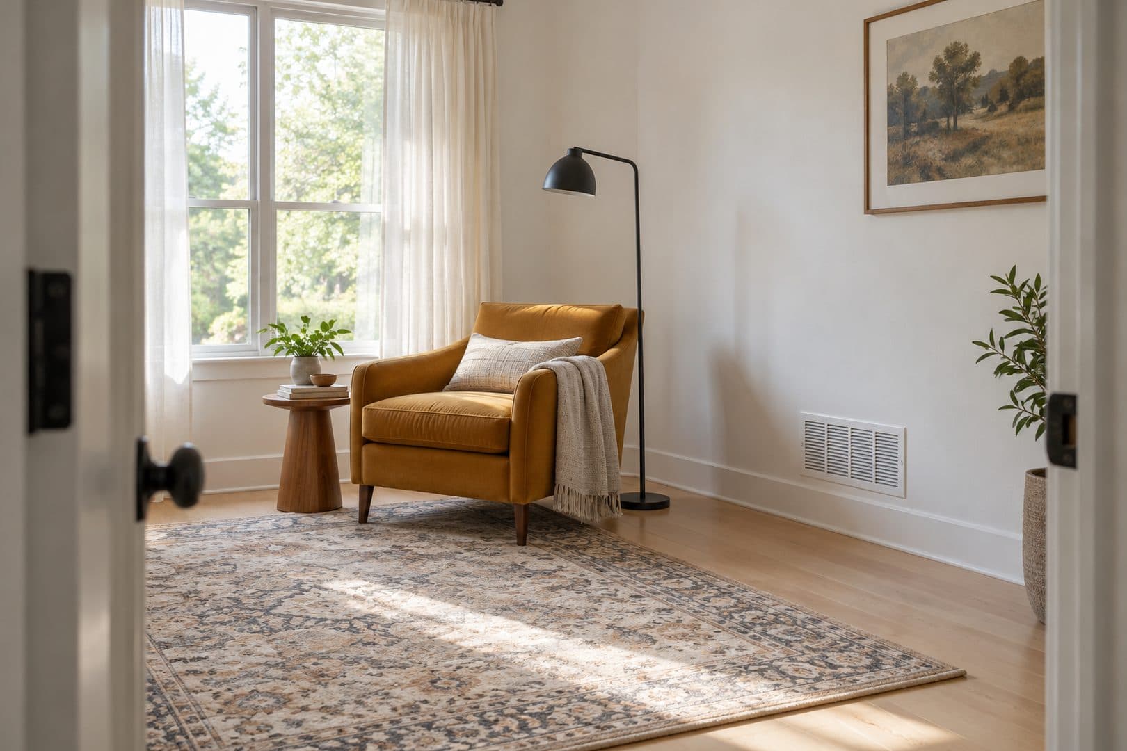 Home reading corner with an ochre armchair and an unobstructed wall grille