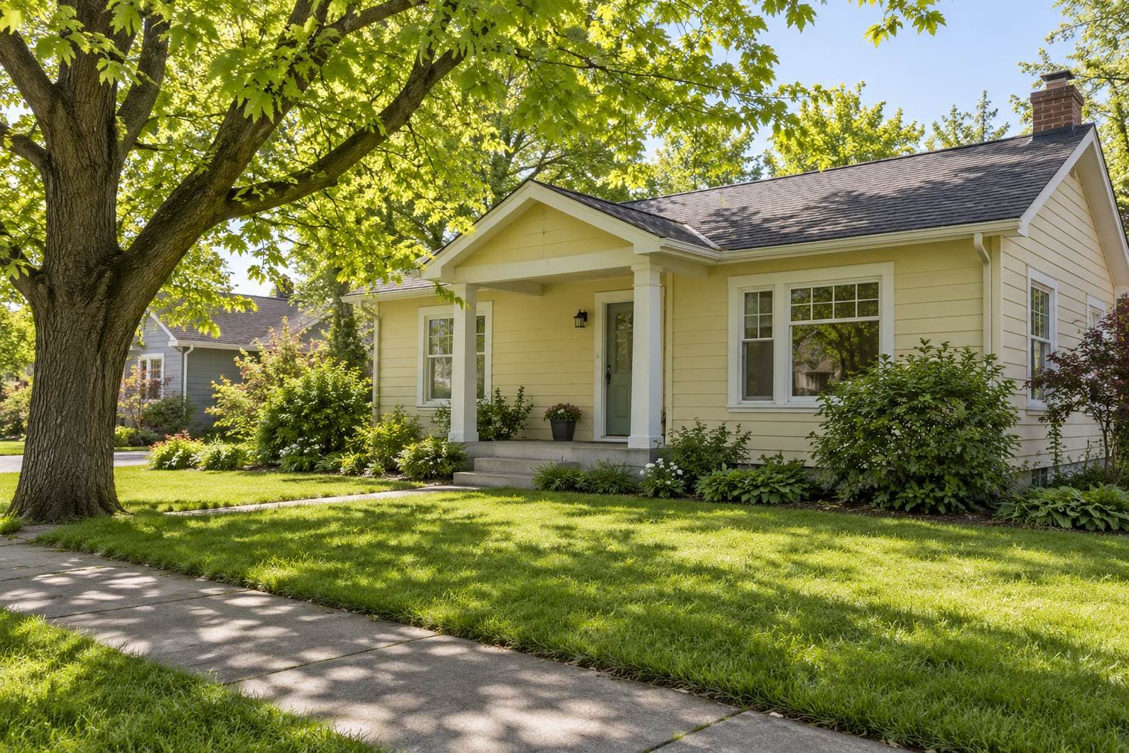 Pale-yellow bungalow with a small covered porch and a shaded spring lawn