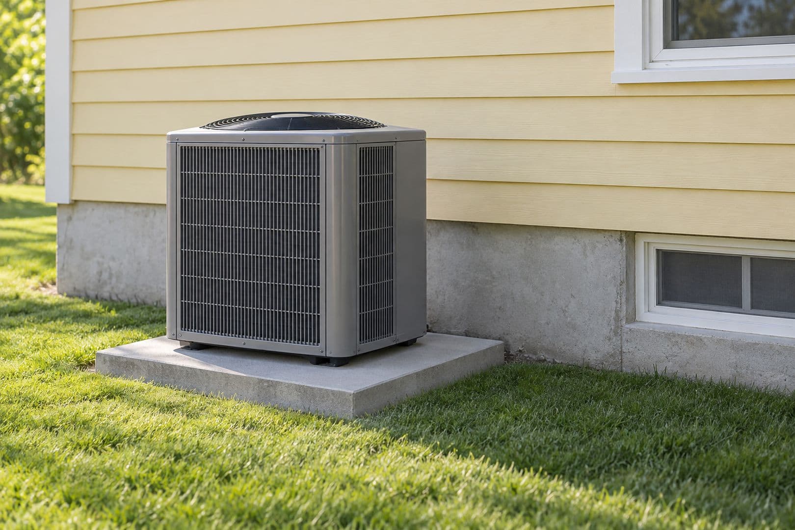 Outdoor heat pump on a concrete pad beside a yellow-sided home