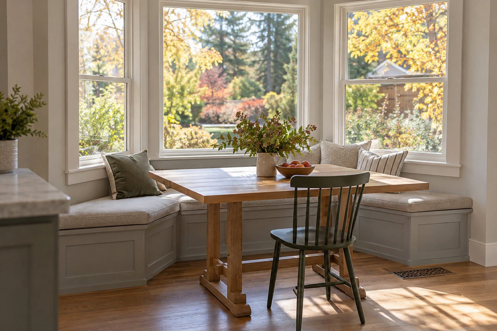 Dining nook with cushioned bay-window seating, a wooden table and an uncovered floor register