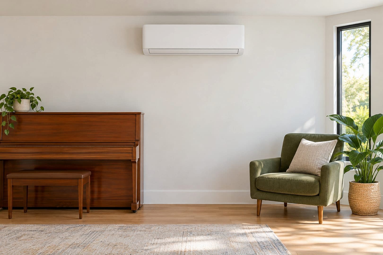 Music room with a wooden upright piano, green armchair and white wall-mounted ductless unit