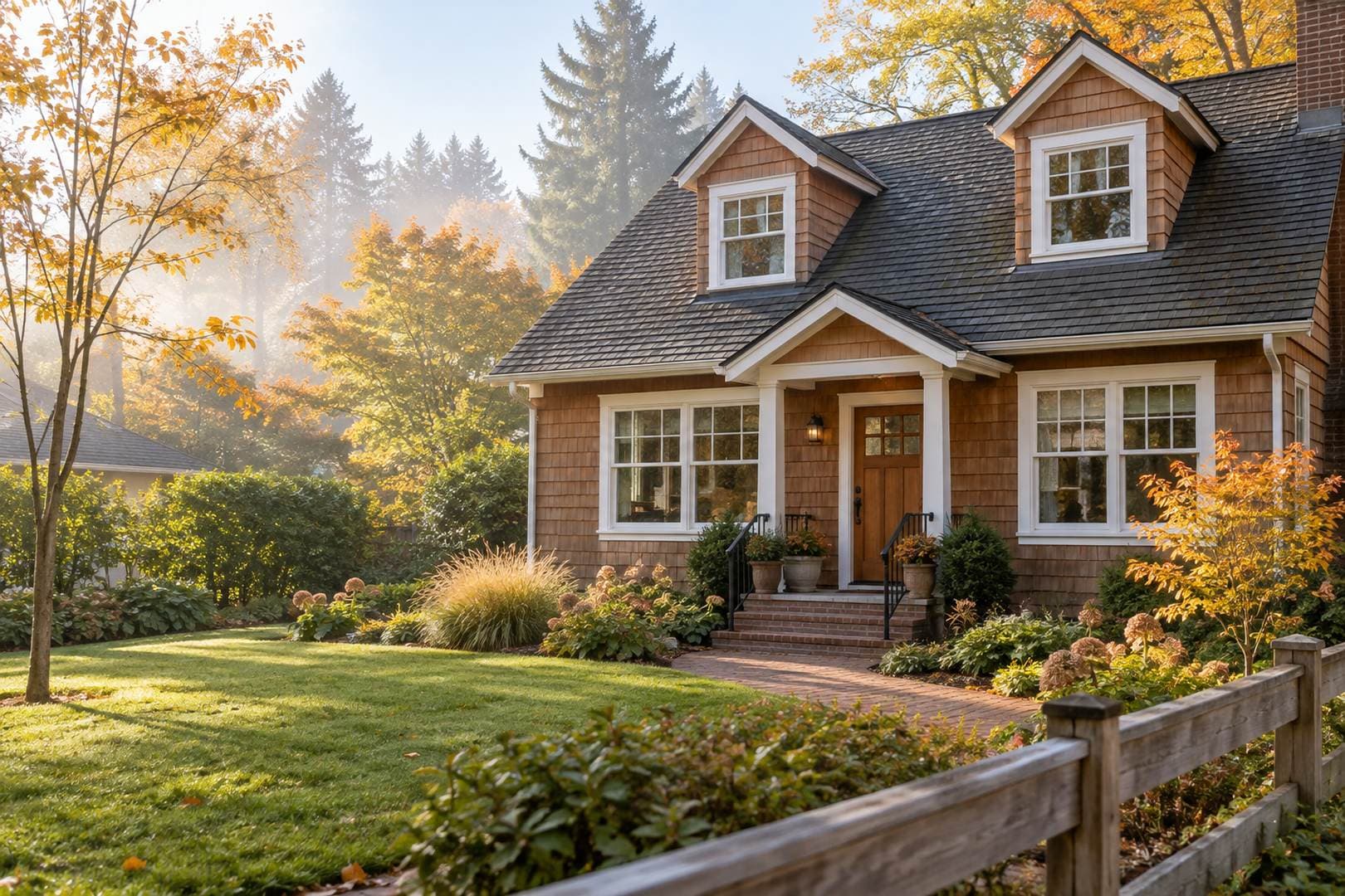 Cedar-shingled home with two dormer windows, a covered entry and an autumn garden