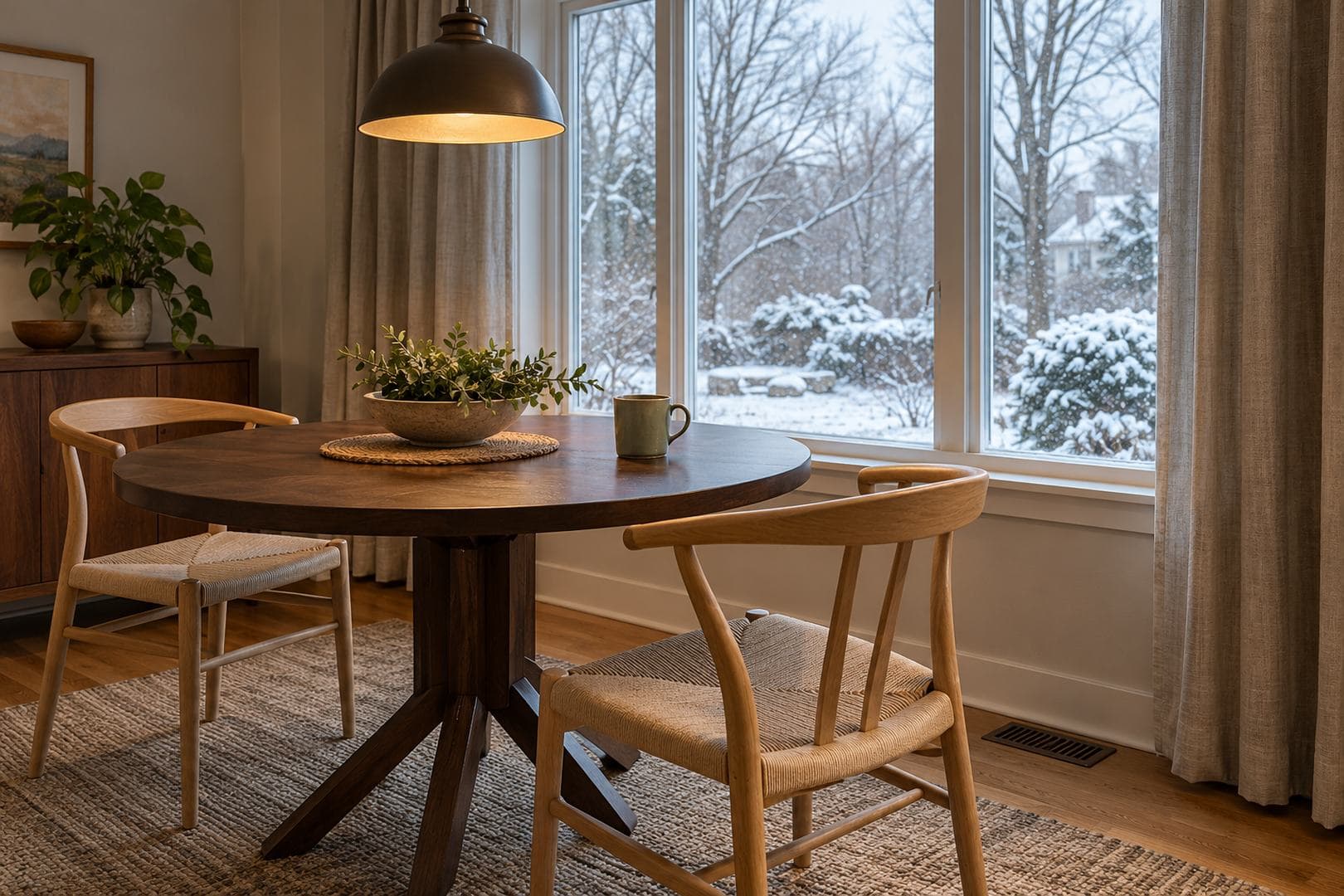 Warm breakfast nook with a walnut table and a view of a snowy garden