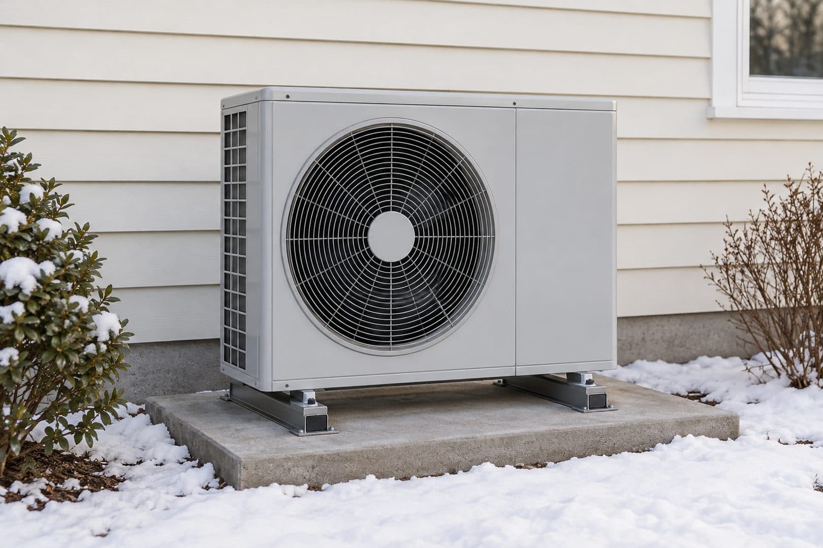 Raised outdoor heat pump with a clear concrete pad in winter
