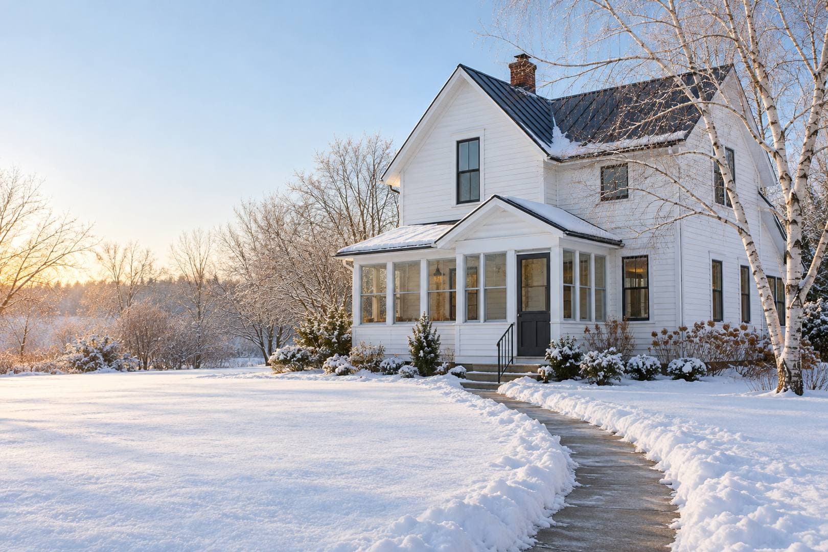 White two-story home with a cleared front path after winter snowfall