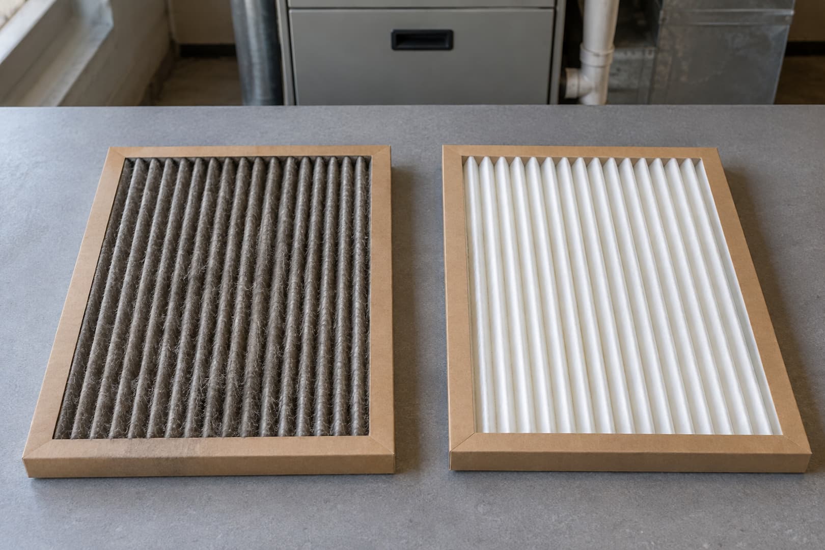 Clean white pleated furnace filter beside a dust-loaded filter on a workbench