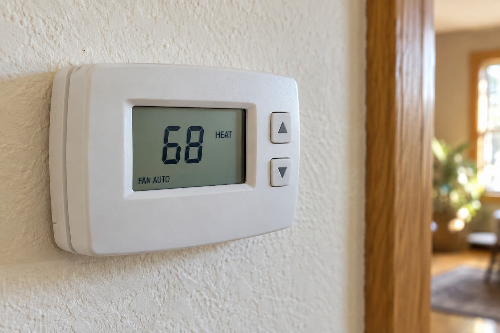 Wall thermostat with the heating mode selected and fan control set to AUTO