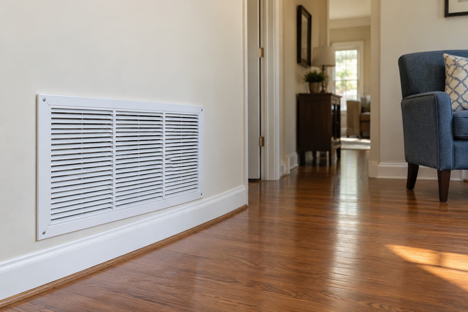 Unblocked white return-air grille on a wall with clear space in front of it