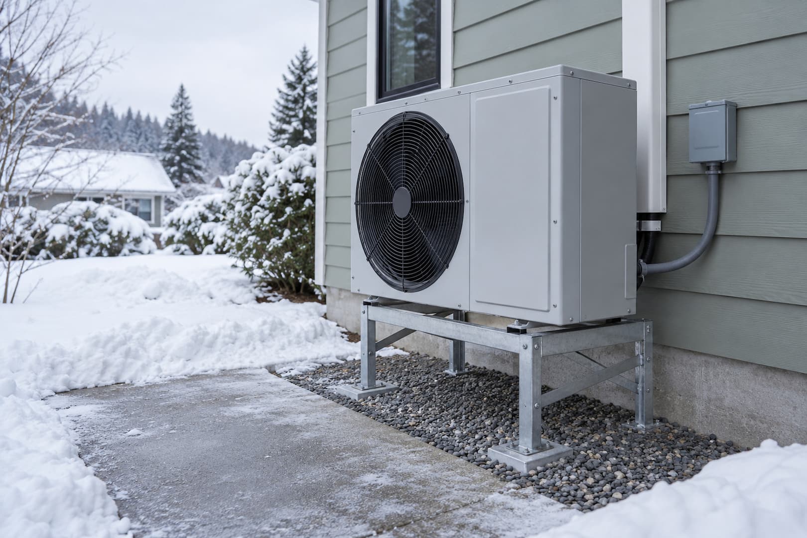 Outdoor heat pump with clear airflow space and snow kept away from the cabinet