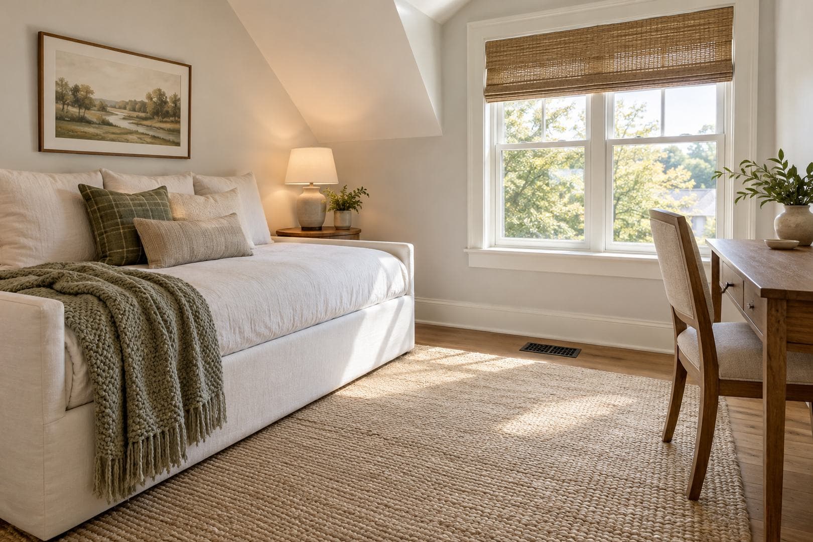 Upstairs guest room with a daybed, window-side desk and clear floor register