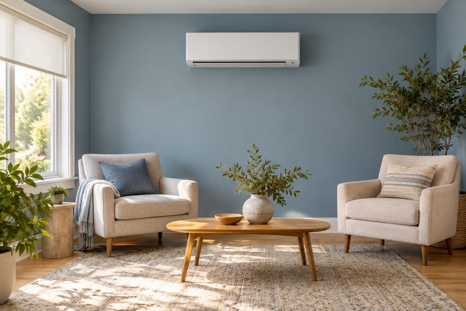 Blue reading room with two armchairs and a wall-mounted ductless unit
