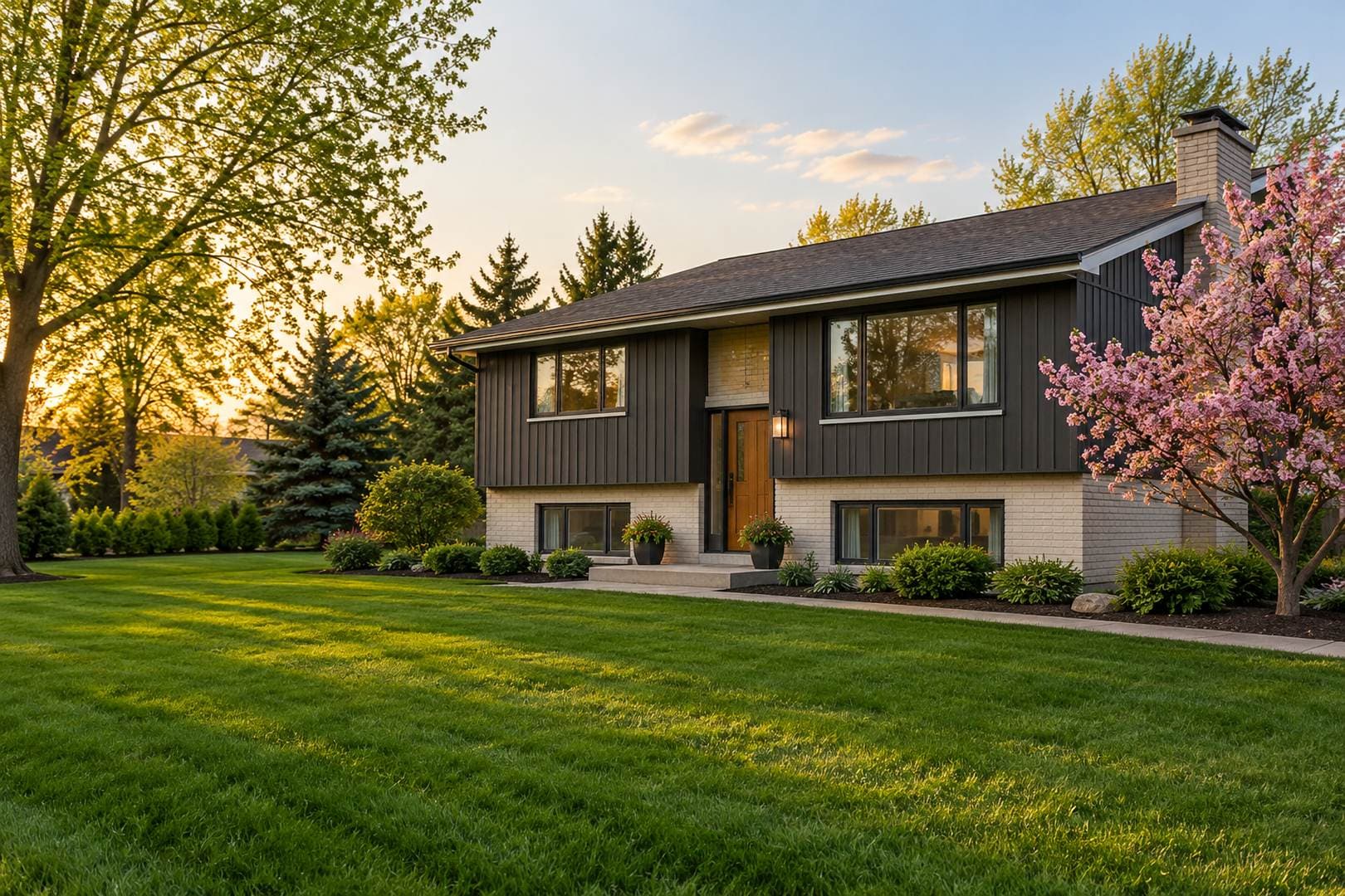 Split-level home with charcoal siding, cream brick and a spring garden