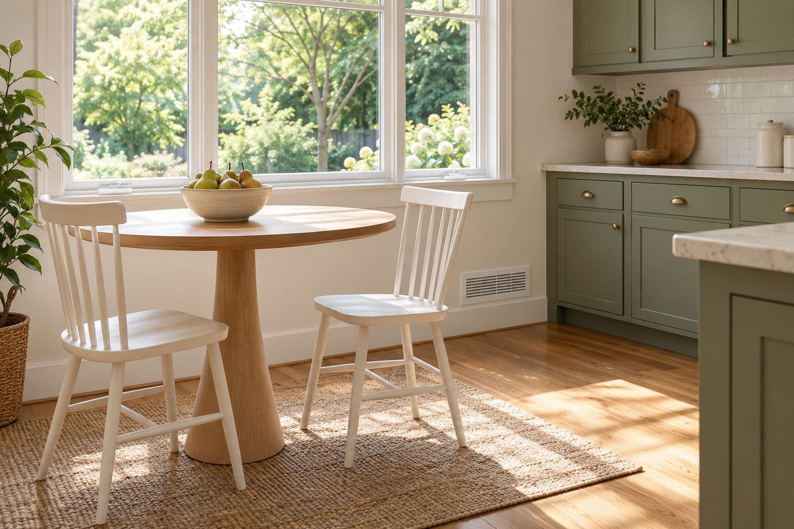 Kitchen breakfast corner with white chairs, a round wooden table and a wall grille beneath the window