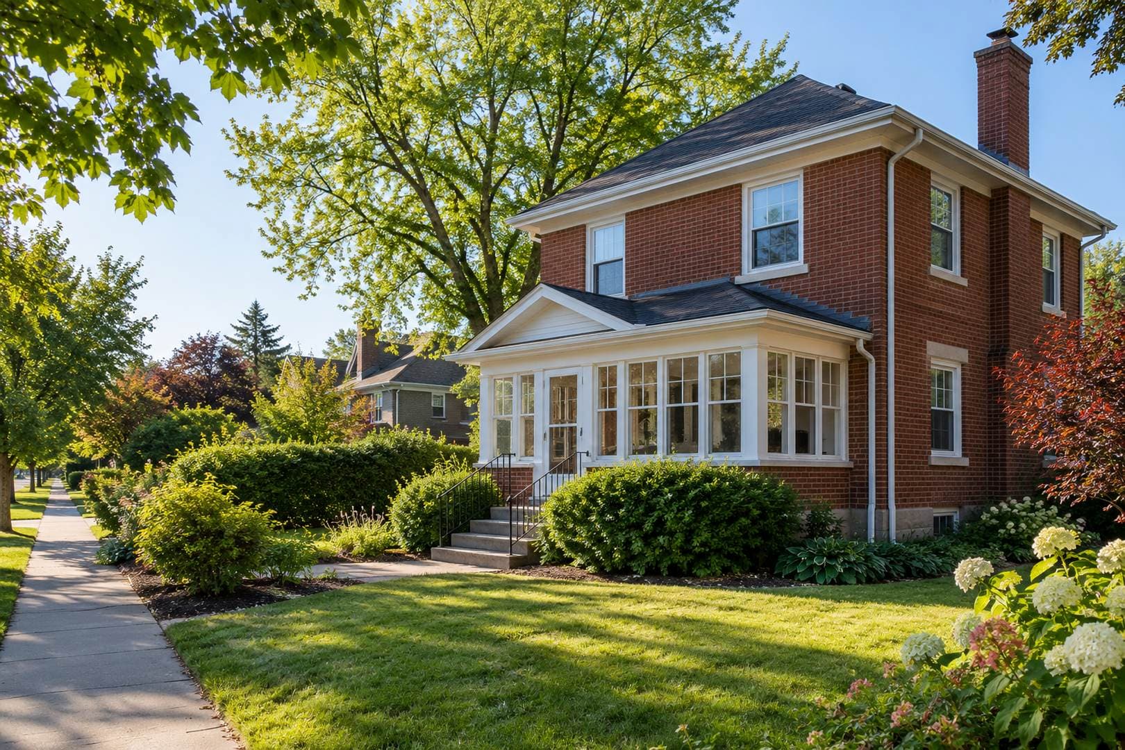 Two-story red-brick house with a white enclosed front porch and a leafy garden