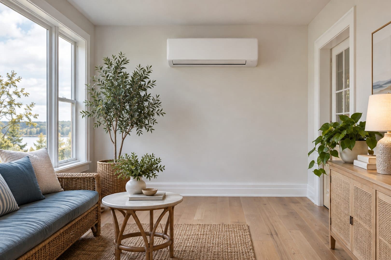 Sunroom with a white wall-mounted ductless unit, blue-cushioned wicker seating and a round side table
