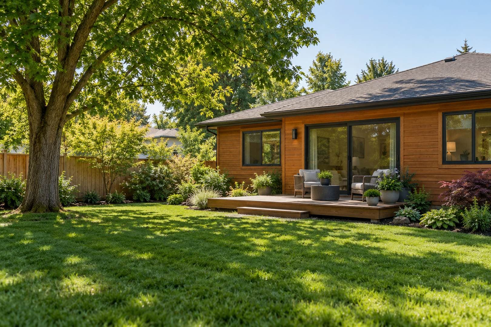 Cedar-sided home with sliding patio doors, a low wooden deck and a shaded back lawn