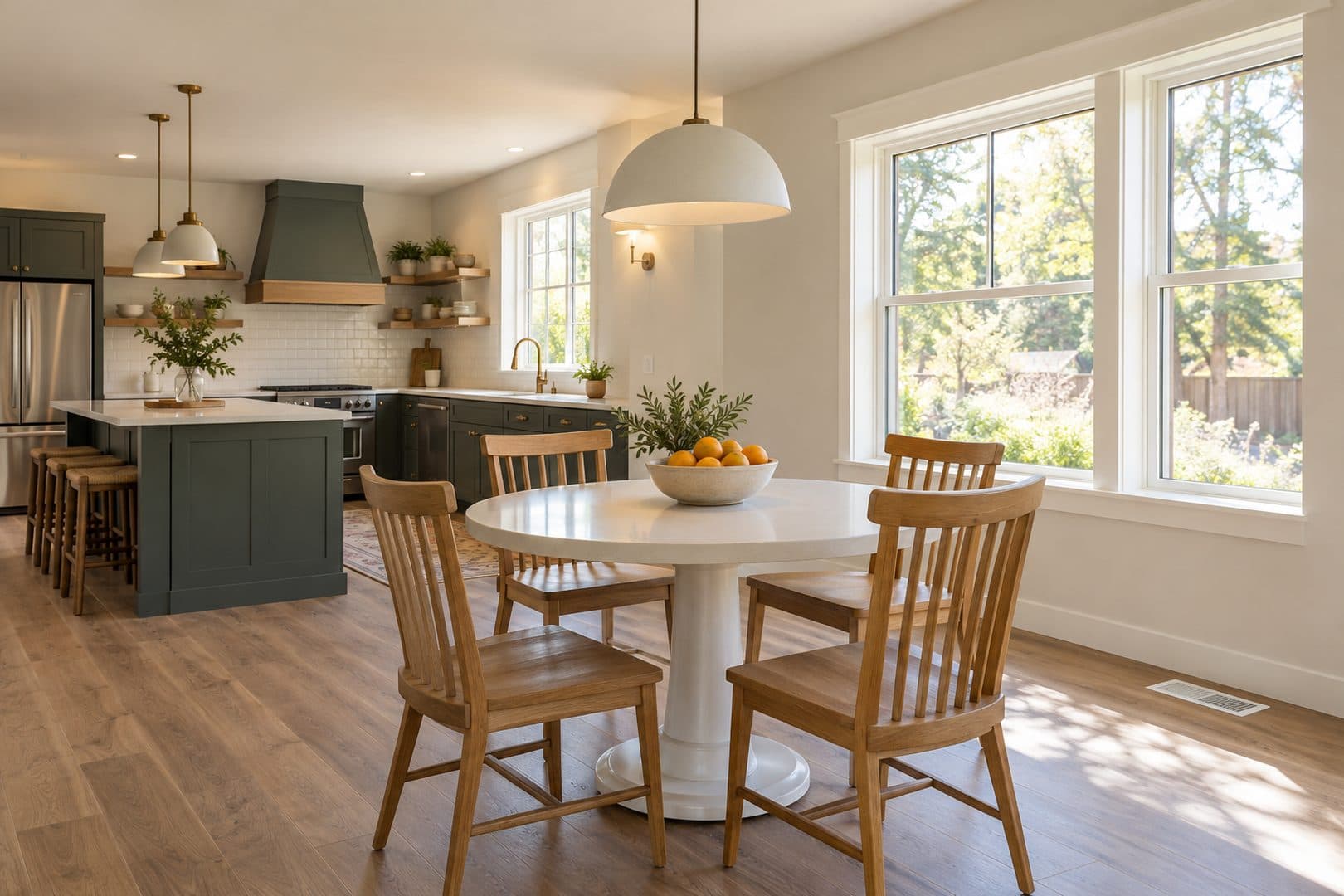 Kitchen and dining area with green cabinets, a round white table and a floor register below sunlit windows