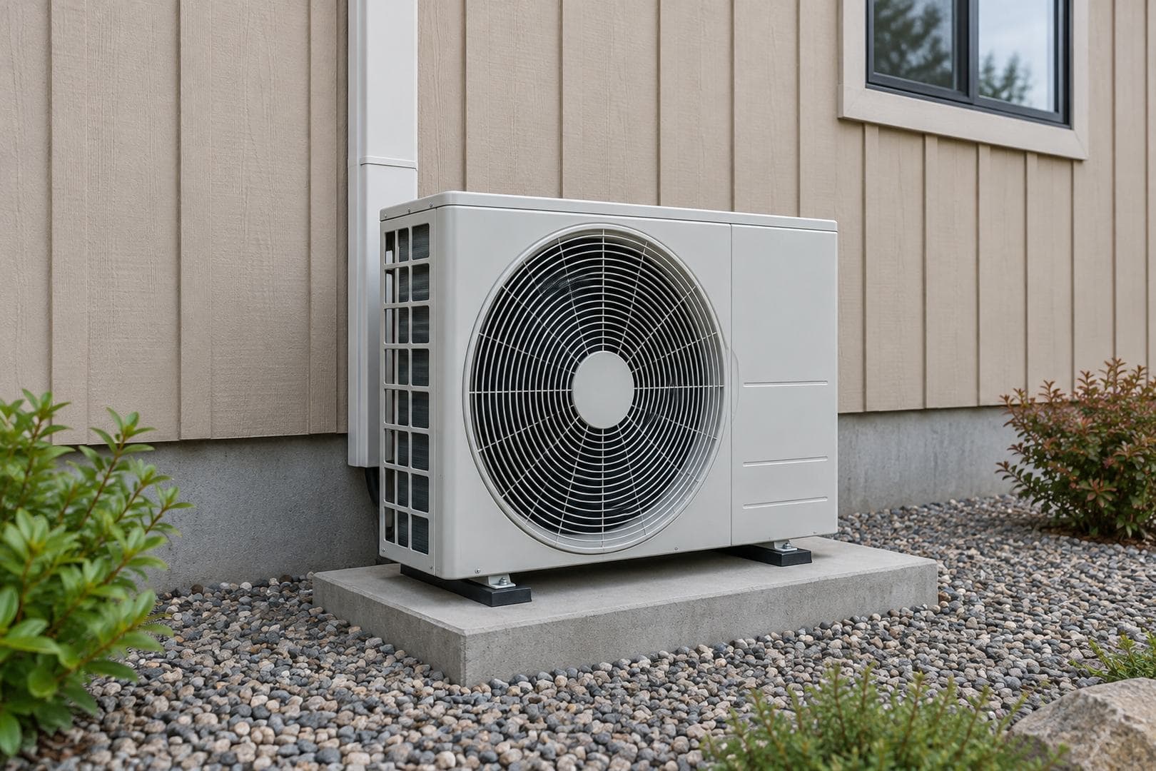 Light-gray outdoor heat pump with a circular fan grille on a concrete base beside tan vertical siding